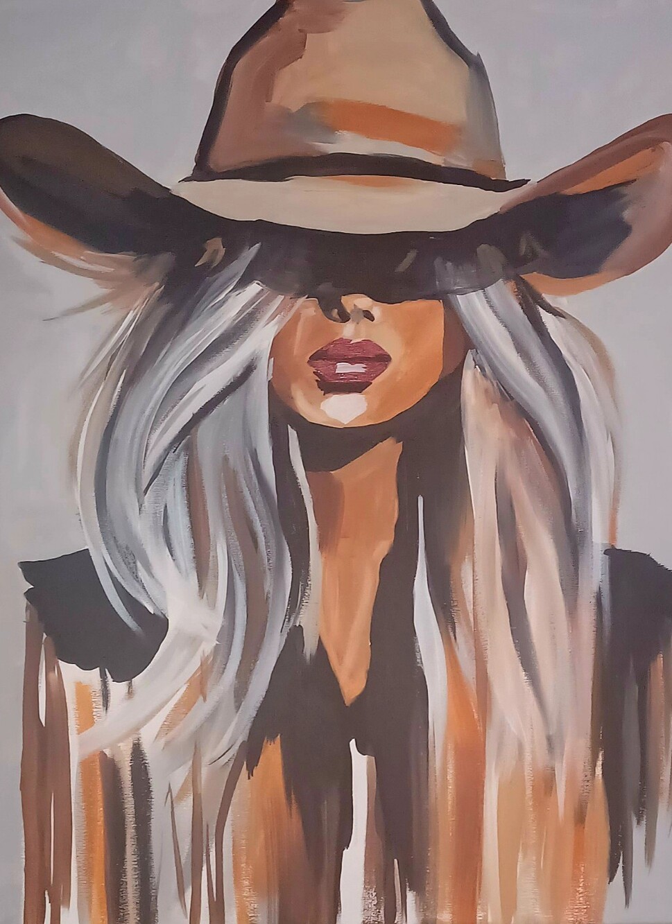 Contemporary Cowgirl Portrait Wall Acrylic Painting- Neutral Tones